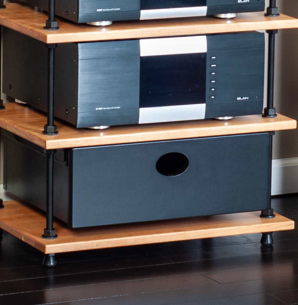 Barcelona cabinet with several custom features such as a refrigerator, trash bins and adjustable shelves