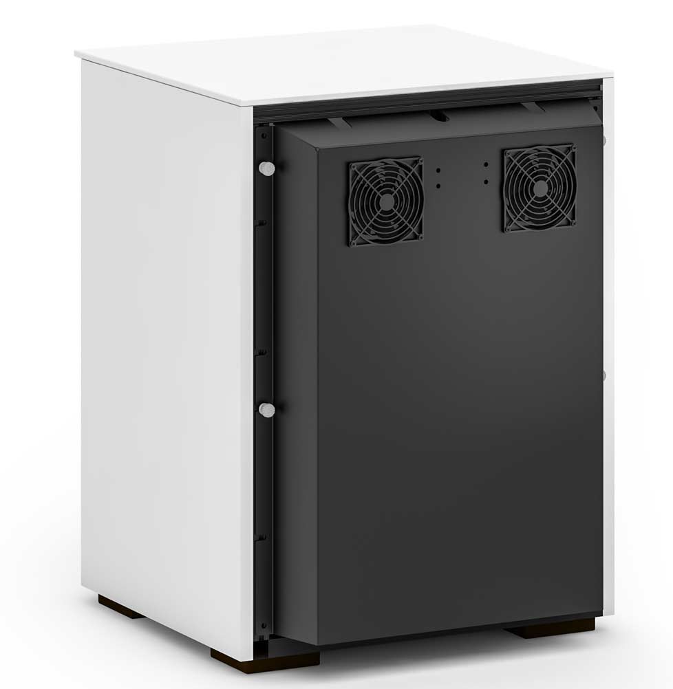 Barcelona cabinet with several custom features such as a refrigerator, trash bins and adjustable shelves