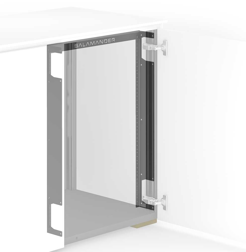 Barcelona cabinet with several custom features such as a refrigerator, trash bins and adjustable shelves