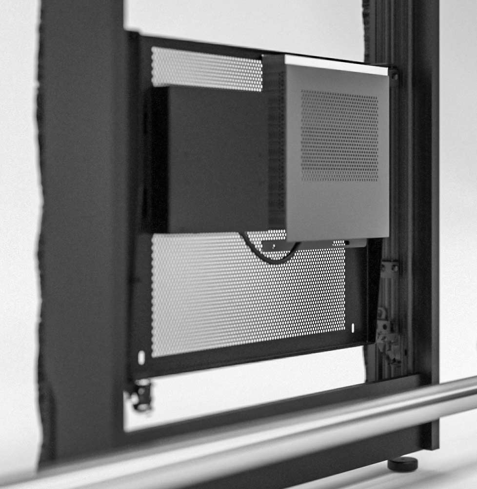 Barcelona cabinet with several custom features such as a refrigerator, trash bins and adjustable shelves